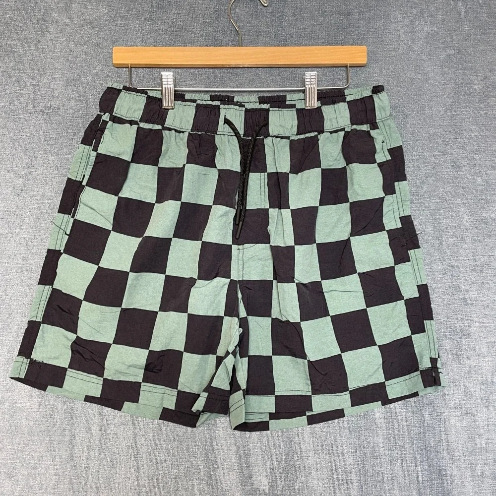 Forever 21 Board Shorts Mens Large Green Black Check Pockets Drawstring Waist